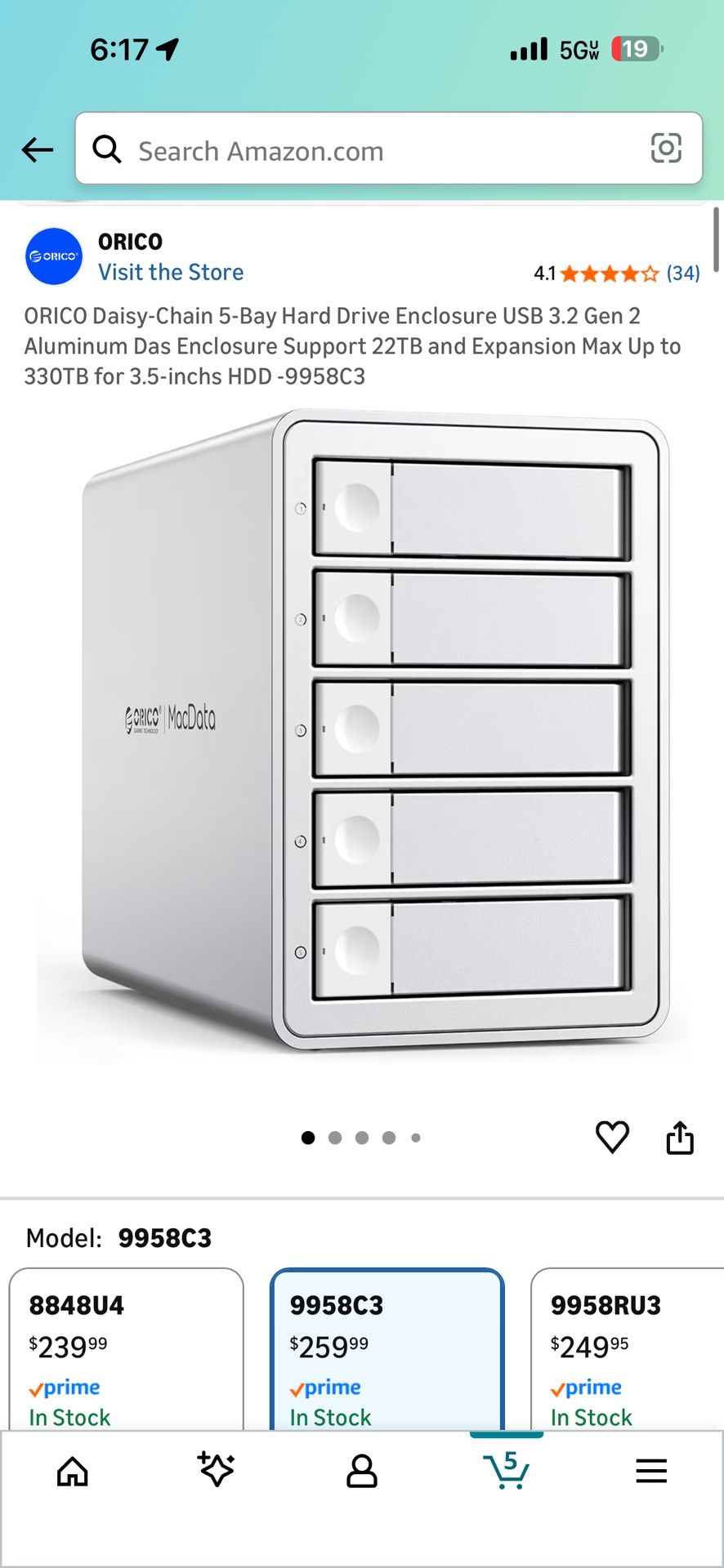 ORICO Daisy-Chain 5-Bay Hard Drive Enclosure USB 3.2 Gen 2 Aluminum Das Enclosure Support 22TB and Expansion Max Up to 330TB for 3.5-inchs HDD -9958C3