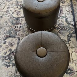 Set of 2 Stylish Bronze Faux Leather Button-Tufted Ottomans