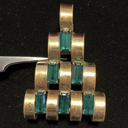 Vintage Large Mid Century Modern Gold Tone Green Glass Brooch