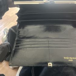 Vintage 1980s Yves Saint Laurent Wallet Black Leather Wallet Clutch – Gold Y Clasp – With Original Paperwork