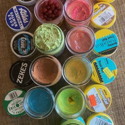 Lot of 11 Vintage Trout Fishing Baits Powerbait Zekes etc. in Rare Glass Jars 