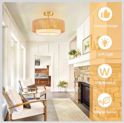 Natural Rattan Semi-Flush Ceiling Light
