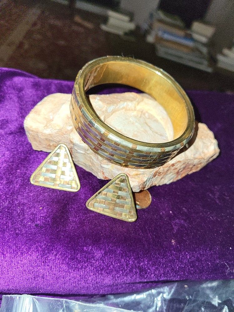 Woven Brass/silver Bangle  With Earrings 