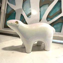 Sweet Iridescent White Ceramic Polar Bear With Gold Accents on Ears & Nose Approx 5” x 3.5”