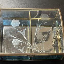 Antique Glass Jewelry Box W Mirror 
