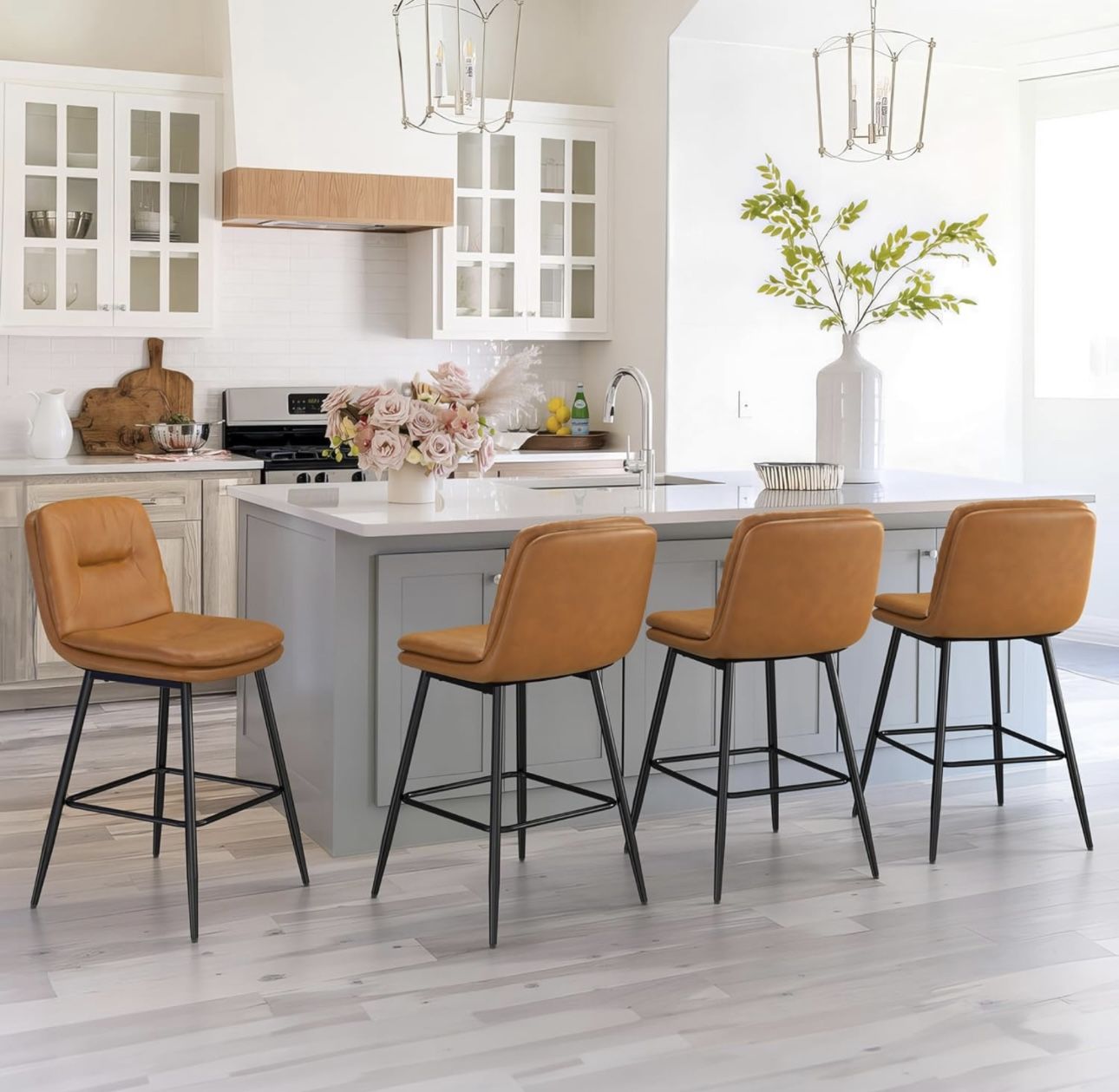 Whiskey Brown Double-Layer Upholstered Counter Height Bar Stools