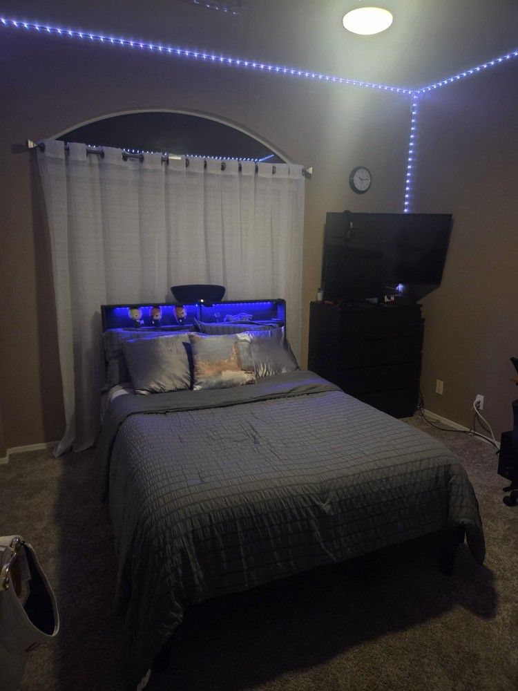 Full size bed frame with charging station LED lights