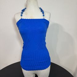 Y2K Blue Beaded Halter Top Ribbed Floral Stretch Tank