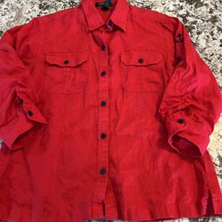 XL Lauren Ralph Lauren Blouse Button 100% Linen Red Nautical Top Beach Women’s