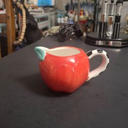 Novelty Apple Shaped Ceramic Creamer W/Striped Handle, Part Of The New York Taxi Big Apple Collection Vintage Late 20th Century 4.75"L X 2.75"H
