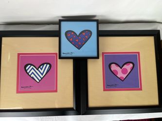 Set of 3 Framed Romero Britto Pop Art Heart Prints - "Blue About You", "Zig Zag Love", "Dotty About You"