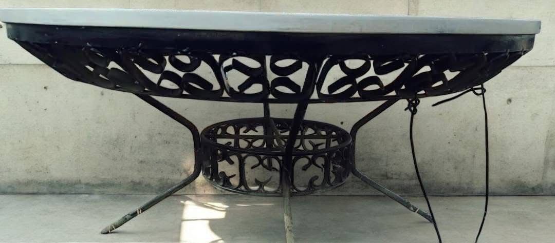 FOR SALE VINTAGE SOLID MARBLE TOP COFFEE TABLE IN AND OUT DOOR IRON FRAME 38” Wide X 20” High $400 And Others ITEAMS Message Me Only IF Serious In BUY