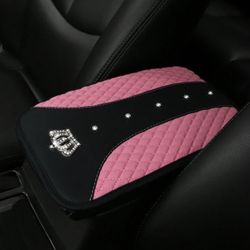 MEIKAXIU 1pc Car Armrest Pad With Rhinestone & Embroidered Metal Crown