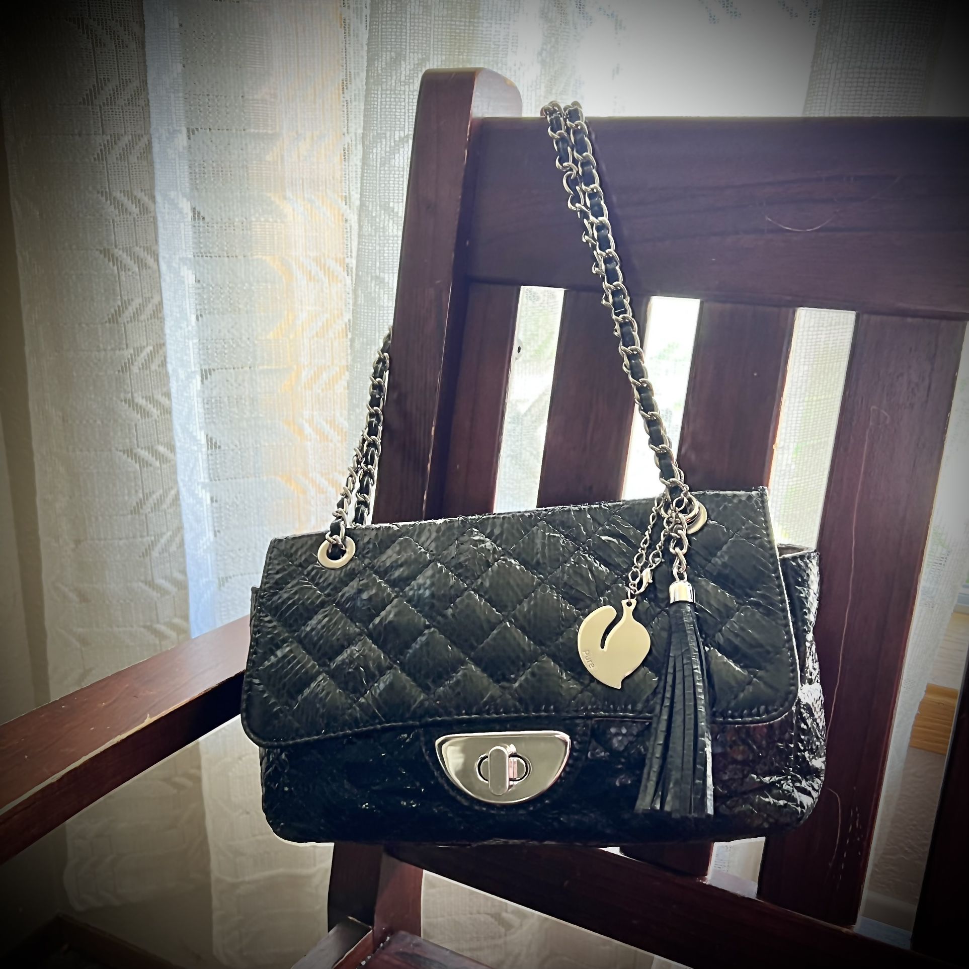 PURE Black Quilted Leather Animal Print silver tone Chain Straps Shoulder bag