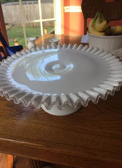 Milk glass fluted cake plate and candle holders