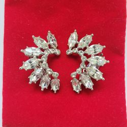  Vintage Signed ORA Clear Marquise Rhinestone Silver Tone Clip on Earrings
