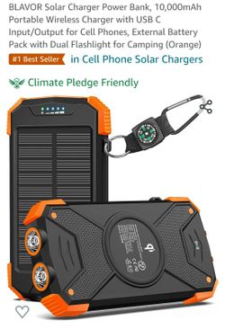BLAVOR Solar Charger Power Bank, 10,000mAh Portable Wireless Charger with USB C Input/Output for Cell Phones, External Battery Pack with Dual Flashlig