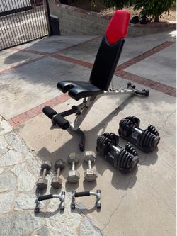 BowFlex SelectTech 1090 Adjustable Dumbbells (10–90 lbs) + Adjustable Bench + Free Weights