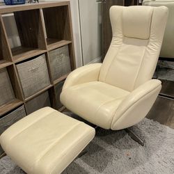 White Leather Ergonomic Recliner Chair And Ottoman 