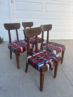 Set of 4 Vintage Dining Chairs - Handwoven Necktie Seats, Upcycled One-of-a-Kind Solid Wood