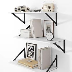 Heimlove 24" W x 12" D Wall Shelves for Books, 12 Inch Deep Floating Shelves Set of 3, Wide Floating Bookshelf with Metal Bracket for Living Room, Kit