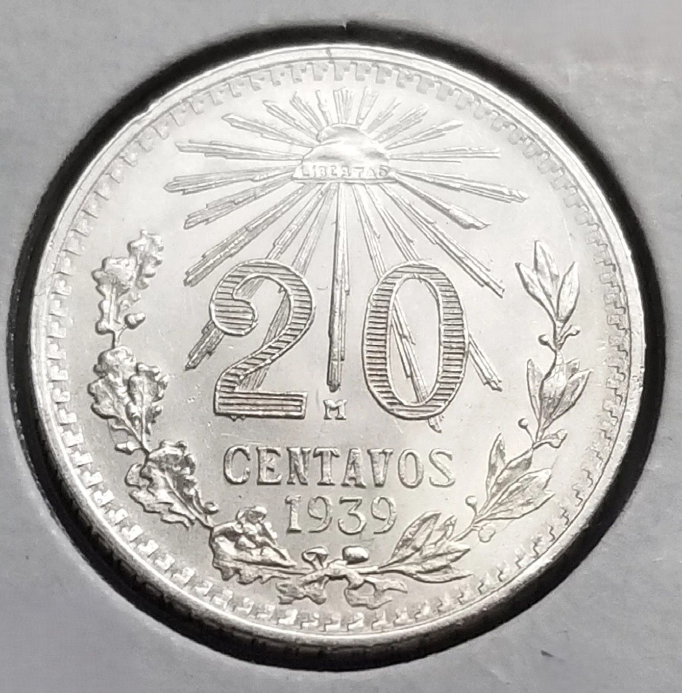 1939 Mexico 20c Silver Coin BU