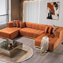 BRAND NEW! Elisha Orange Velvet Double Chaise Sectional 