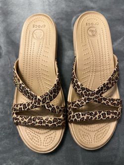 CROCS Women's Wedge Leopard Print Beige Slide Sandals