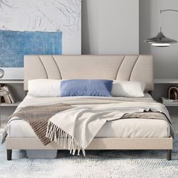 New Avenco Queen Bed Frame, Upholstered Platform Bed Frame with Adjustable Headboard, Wood Slat Support, Easy to Assemble,Box Spring no Needed, Beige 