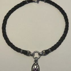 Bill Wall Leather - Leather Necklace Toggle Clasp W/ Amethyst Cross Pendant RARE