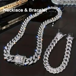 2 Pcs Fully Iced 14K White Gold Plated Cubic Zirconia Maimi Cuban Link 23.65 Inches Necklace And Bracelet Set 
