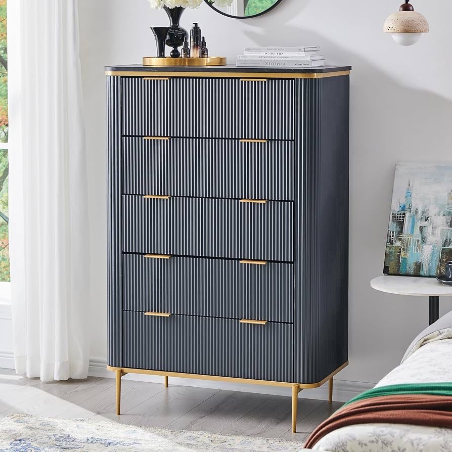 Fluted 5 Drawers Dresser for Bedroom, 48" Tall Modern Dresser Chest of Drawers, Gold Accents, Fluted Fronts, Wood Storage Dressers Organizer