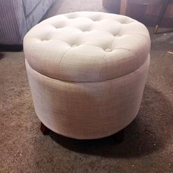 Round Linen Ottoman with Storage, Tufted Upholstered Footstool