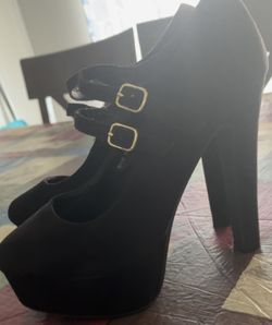 Faux Suede Black 2 Strap Heels 