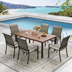 7 Piece Metal Outdoor Dining Set with 63 in. Walnut Rectangle Table and 6 Brown Stackable Padded Textilene Dining Chairs