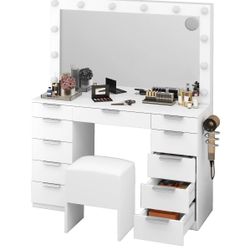 Brand New Luxury Vanity Desk — LED Mirror, 11 Drawers & Built-In Charging Statio