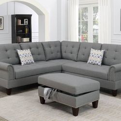 Brand New Grey Sectional Sofa w Storage Ottoman 