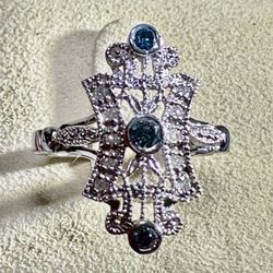 FREE SHIPPING! 10k White Gold Blue & White Diamonds Ring 6.75 size Lot#497
