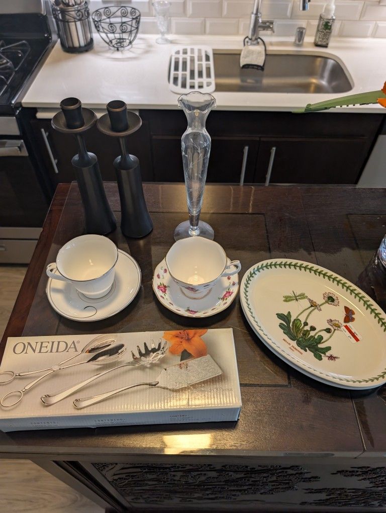 Vintage Candlesticks, Vase, Tea Cup, Plates
