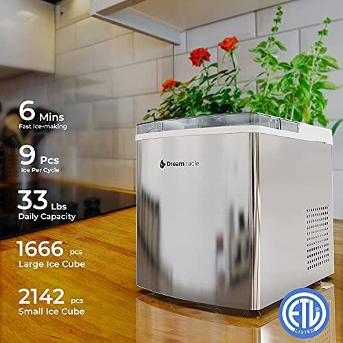 Ice Maker Machine for Countertop, Dreamiracle Ice Cubes Ready in 6 Mins, 33 lbs Ice in 24 H