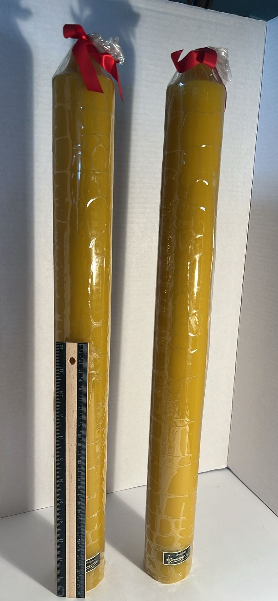 Vintage Yellow tall round pillar candles mid century. Box included