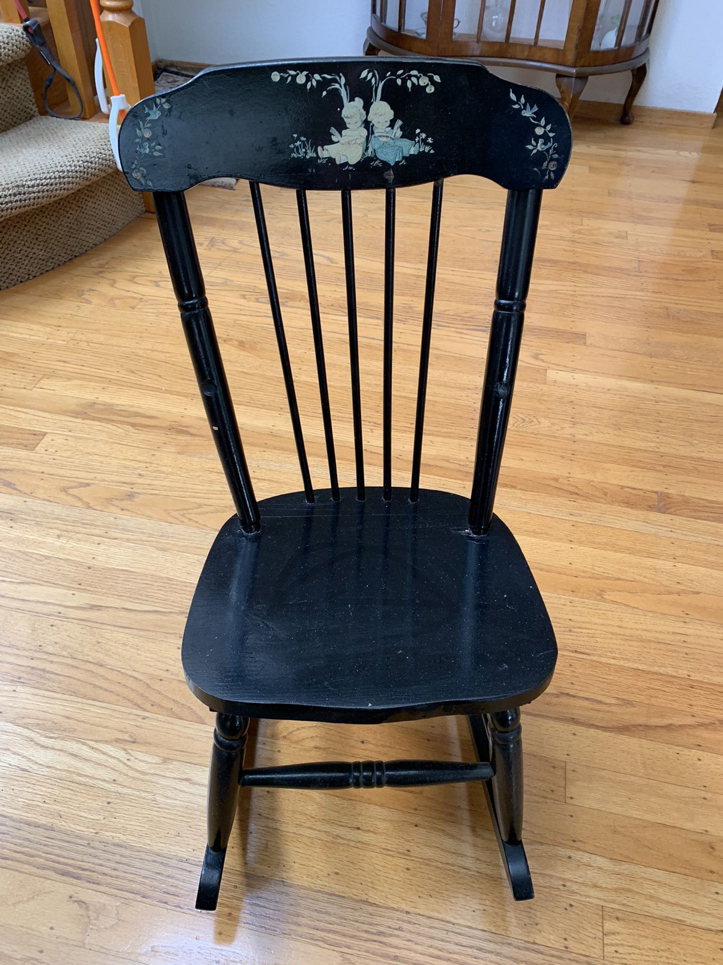 Antique Vintage Child’s Black Wooden Musical Rocking Chair