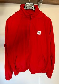 Carhartt WIP Men's Red Hooded Nylon Windbreaker Full Zip Jacket Logo Size M