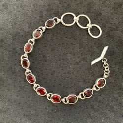 Sterling Silver Garnet Bracelet Red Round Cut 7.5"
