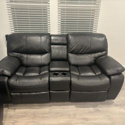 Black Leather Reclining Loveseat With Storage And Cupholders Great Condition