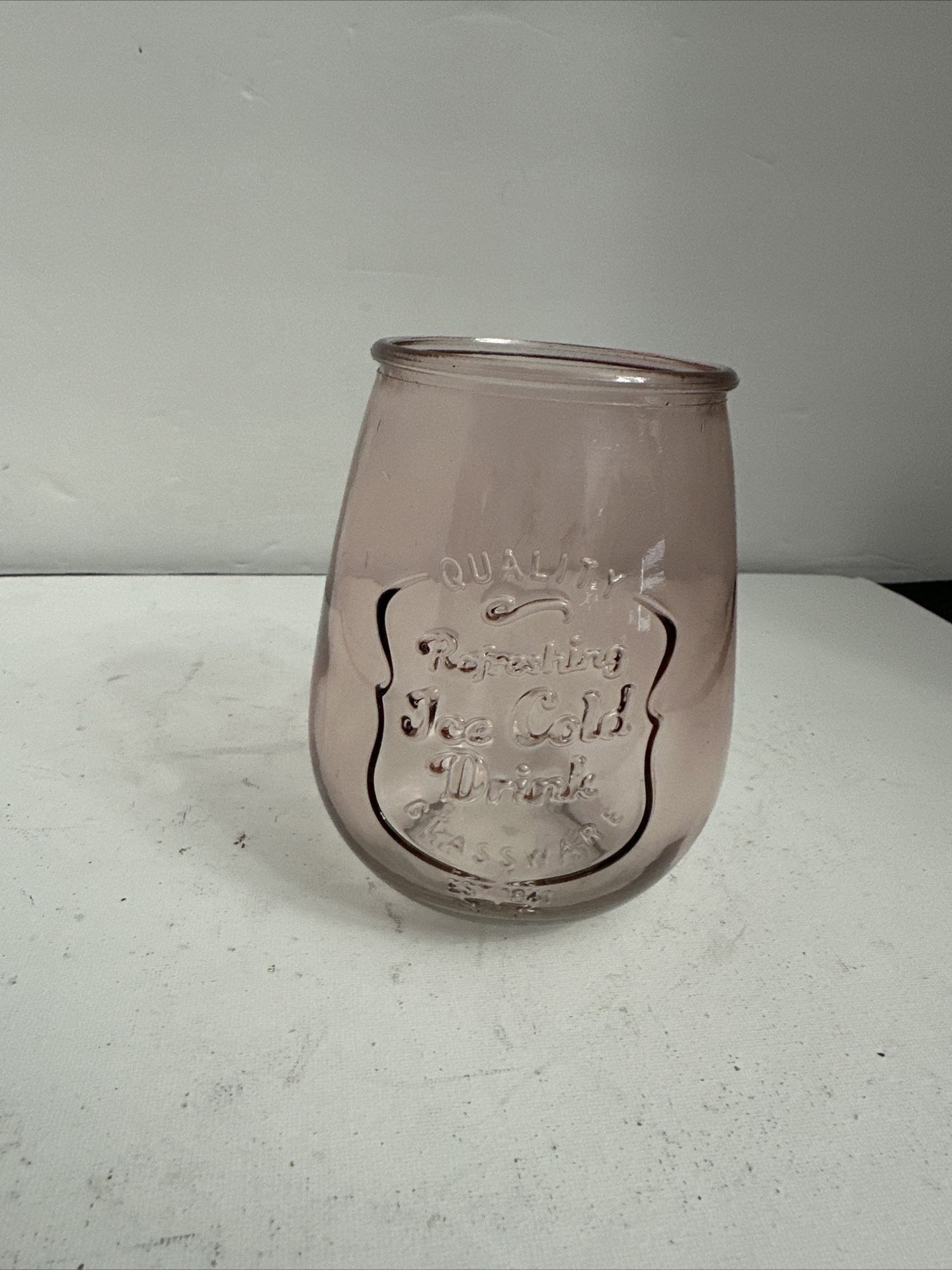 Vtg Quality Refreshing Ice Cold Drink Glassware Est. 1841 pink Glass 5" H