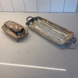 Vintage Silverplate Serving Set – Covered Butter Dish + Long Handled Serving Tray
