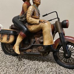 Large Vintage Couple on a Harley Davidson Motorcycle Resin Sculpture1950