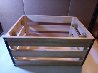 Rustic Wooden Storage Crate with Natural Pine Wood, Corner Brackets and Rope Handles