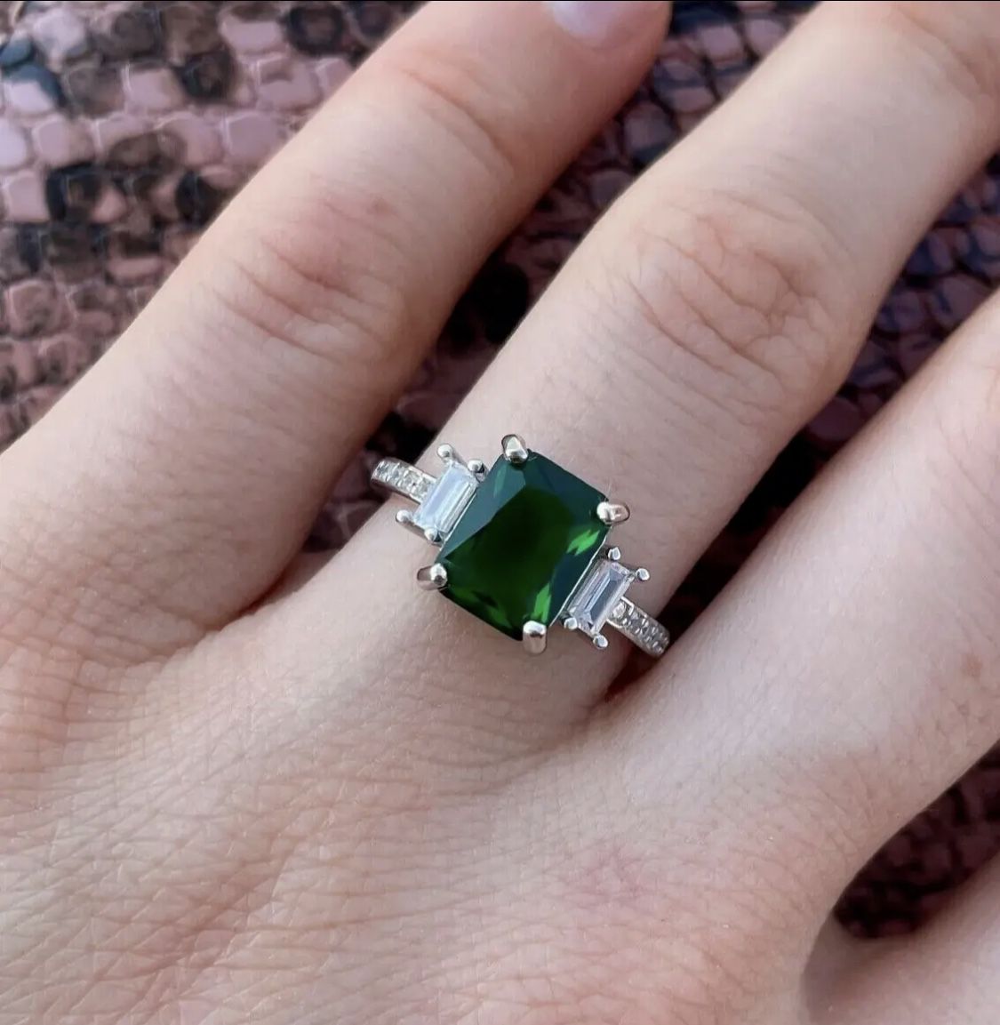 Size 7 2.5ct Lab Created Emerald Ring Three-Stone White Gold Plated Engagement